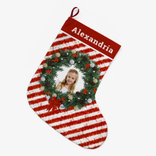Red White Stripes Photo Holidays Personalize Large Christmas Stocking