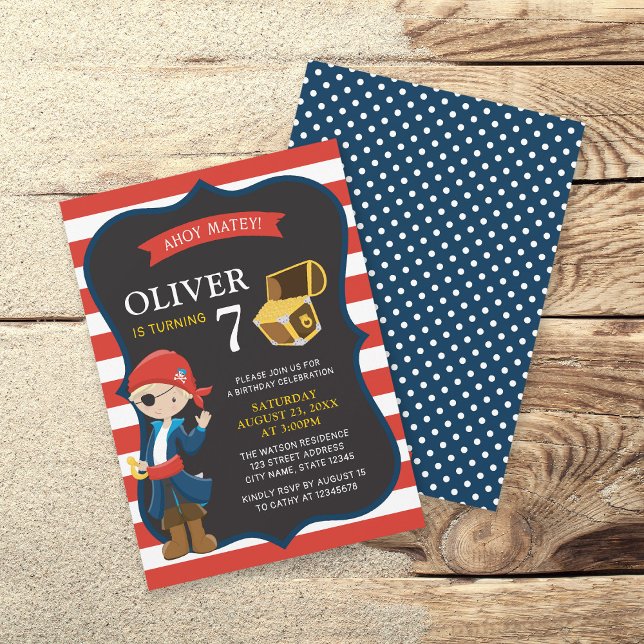 Red White Stripes Pirate Boy Birthday Invitation (Creator Uploaded)