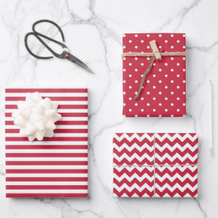 Red & White Stripes Polka Dot Chevron  Wrapping Paper Sheet