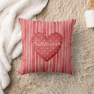 Red White Stripes Polka Dots Heart Cushion