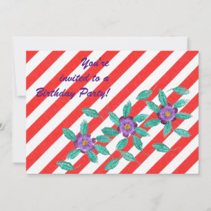 Red White Stripes Purple Flowers Birthday Invites