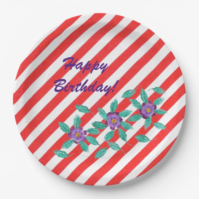 Red White Stripes Purple Flowers Birthday Plates (Front)