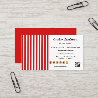 Red White Stripes & QR Code & Social Media Icons Business Card