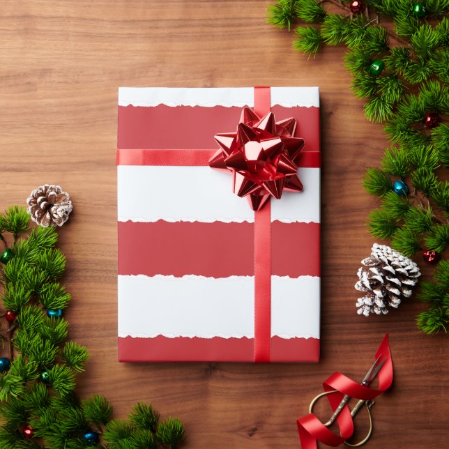 Red White Stripes Unique Faux Torn Christmas Wrapping Paper (Holiday Gift)