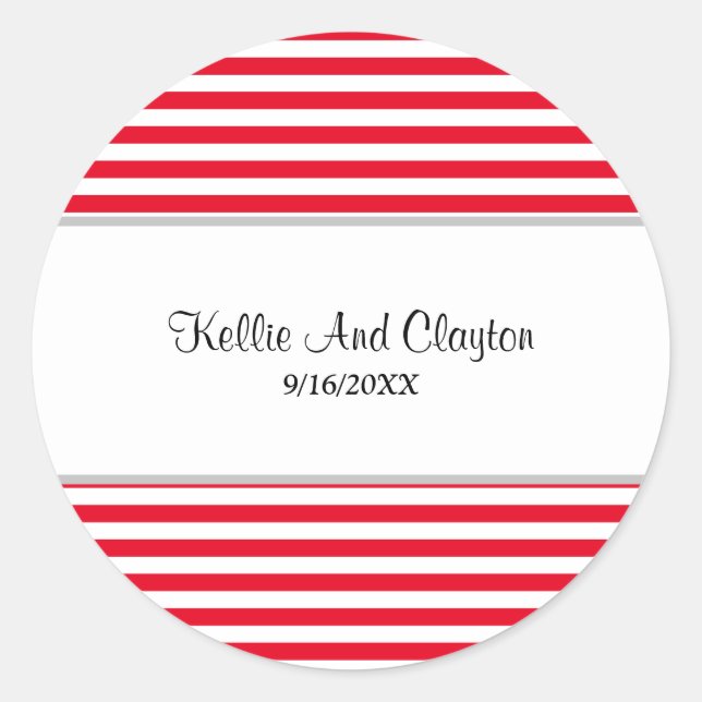 Red/White Stripes Wedding Classic Round Sticker (Front)