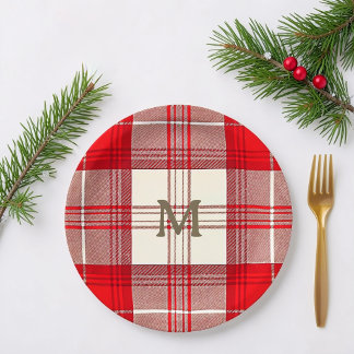 red &white tartan custom monogram paper plate