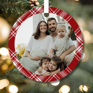 Red White Tartan Plaid Family Photo Ornament