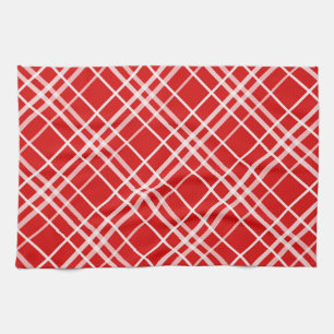 Red White Tartan Plaid Pattern Design  Tea Towel
