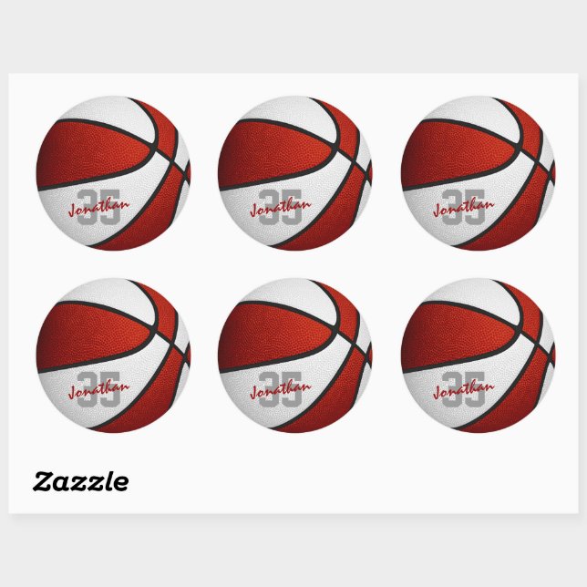 red white team colours boys girls basketball classic round sticker (Sheet)