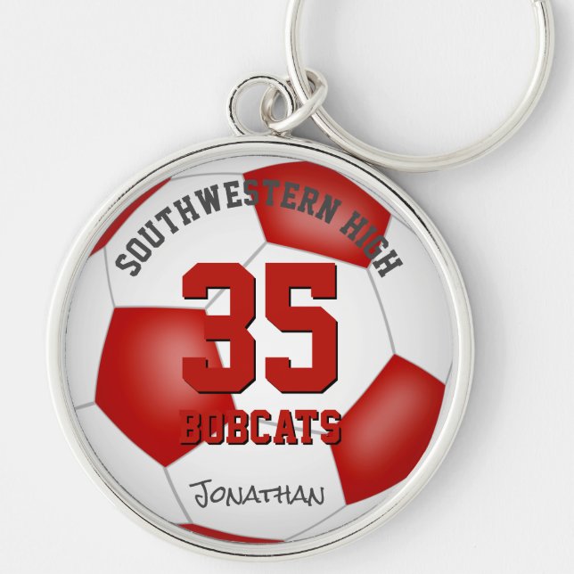 red white team colours boys girls name soccer key ring (Front)
