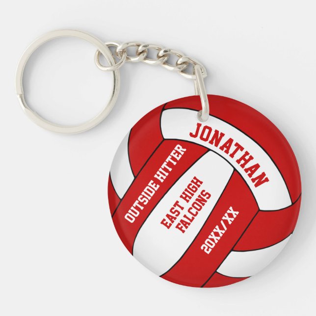 red white team colours custom boys volleyball key ring (Front)