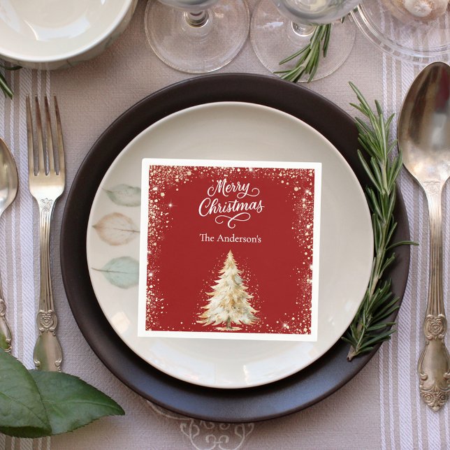Red white tree snow glitter script Christmas Napkin (Creator Uploaded)