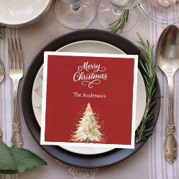 Red white tree snow script Christmas Napkin
