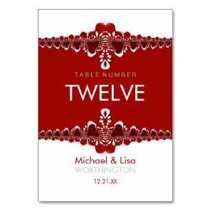 Red+White Tribal Lace Wedding Table Number Card