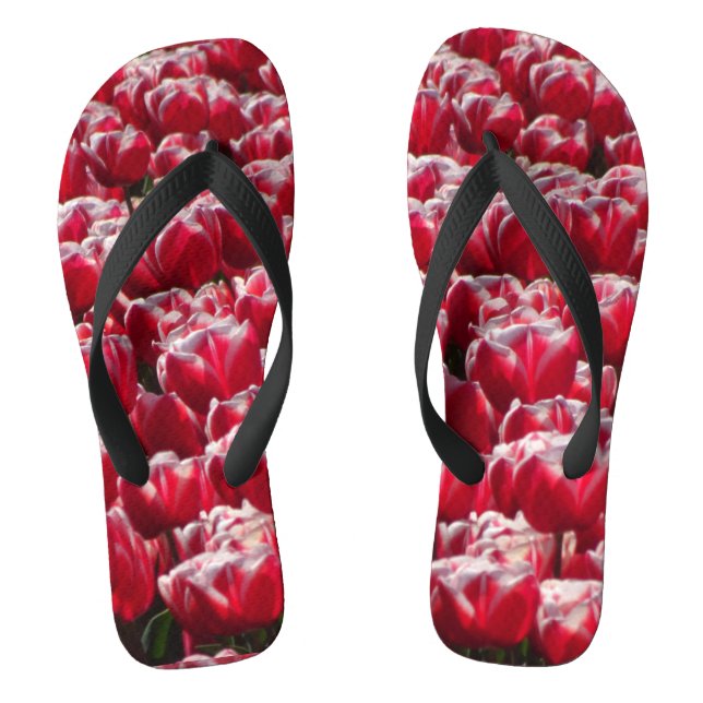 Red White Tulips Pattern Flip Flops (Footbed)