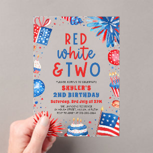 Red, White & Two 4th July 2nd Birthday Party Acrylic Invitations