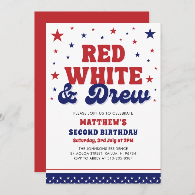 Red, White & Two 4th July 2nd Birthday Party Invitation (Front/Back)