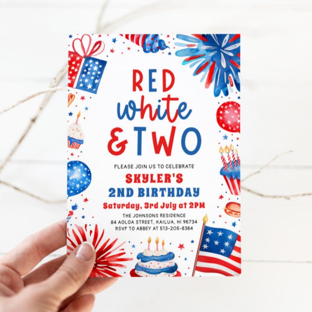 Red, White & Two 4th July 2nd Birthday Party Invitation (Watercolor Partiotic Fireworks Red, White & Two 4th July 2nd Photo Birthday Party Invitation)