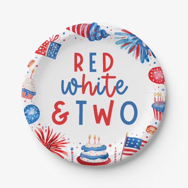 Red, White & Two 4th of July 2nd Birthday Party Paper Plate (Front)
