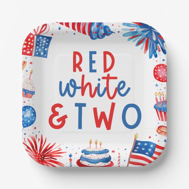Red, White & Two 4th of July 2nd Birthday Party Paper Plate (Front)