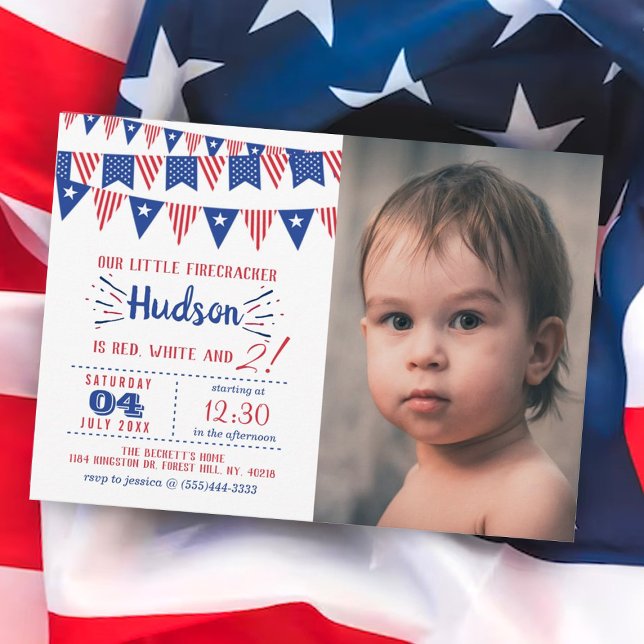 Red, White & Two! 4th Of July 2nd Birthday Photo Invitation (Creator Uploaded)