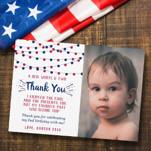 Red, White & Two 4th Of July 2nd Birthday Photo Thank You Card