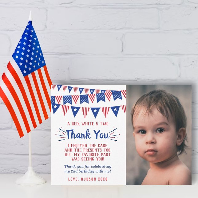 Red, White & Two 4th Of July 2nd Birthday Photo Thank You Card (Creator Uploaded)
