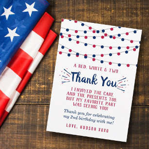 Red, White & Two 4th Of July 2nd Birthday Thank You Card
