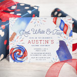 Red, White & Two | Kids Second Birthday Party Invitation<br><div class="desc">Adorable party invitations for your little one's second birthday party feature four watercolor popsicle illustrations in classic shades of red, white, and blue, with "red, white and two" in whimsical script lettering and a background of coordinating watercolor fireworks. Personalise with your 2 year old's birthday party details beneath. A festive...</div>