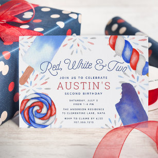 Red, White & Two   Kids Second Birthday Party Invitation