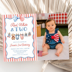 Red White & Two Patriotic 2nd Birthday Photo Invitation