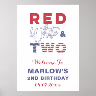Red White & TWO Unisex 2nd Birthday Party Welcome  Poster