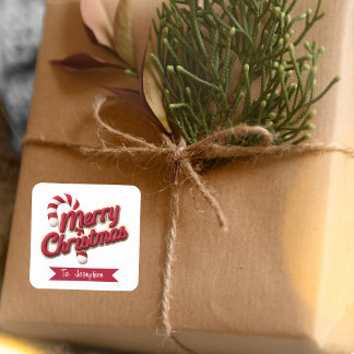 Red & White Typography Merry Christmas Name  Square Sticker