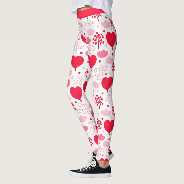Red & white Valentine's tree shape hearts pattern Leggings (Left)