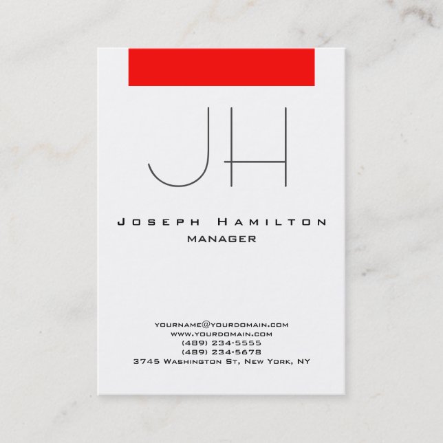 Red white vertical modern plain monogram business card (Front)