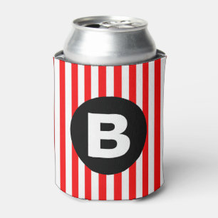 Red White Vertical Stripes Black Monogram Can Cooler