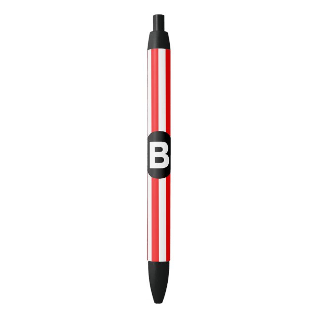 Red White Vertical Stripes Black Monogram Ink Pen (Front Vertical)