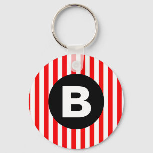 Red White Vertical Stripes Black Monogram Key Ring