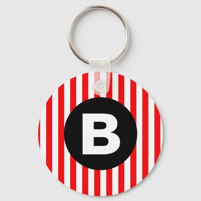 Red White Vertical Stripes Black Monogram Key Ring (Front)
