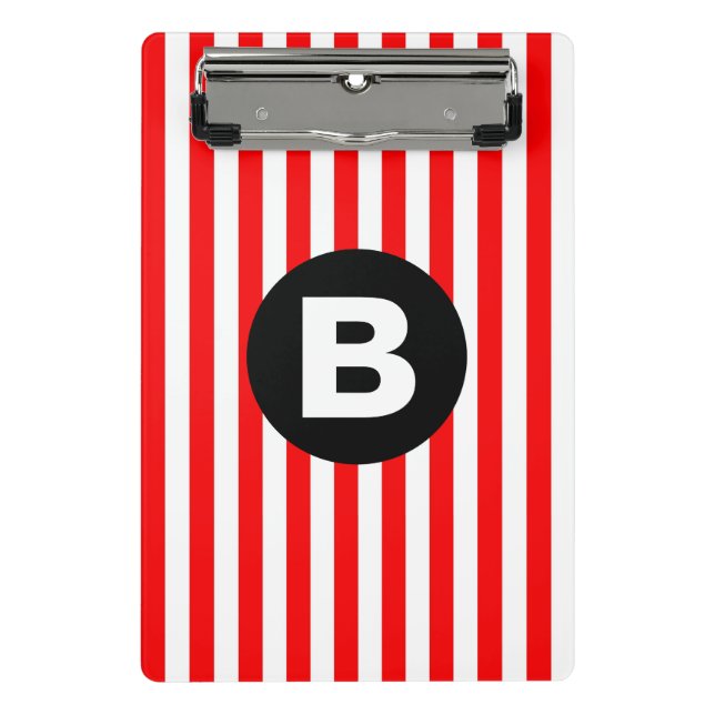 Red White Vertical Stripes Black Monogram Mini Clipboard (Front)