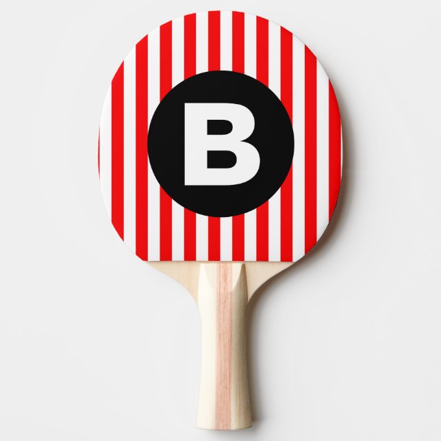 Red White Vertical Stripes Black Monogram Ping Pong Paddle (Front)