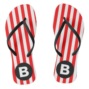Red White Vertical Stripes Black Monogram Thongs