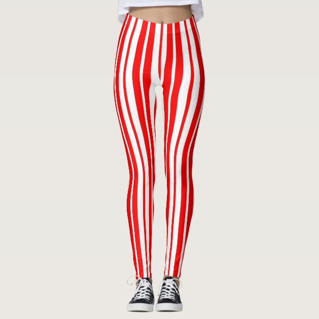 Red White Vertical Stripes Pattern Design Leggings (Front)