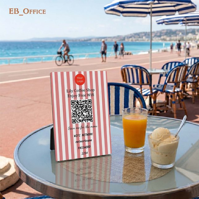 Red & White Vertical Stripes QR Code Wifi Pedestal Plaque (Modern Red Vertical Stripes
QR Code Wifi-Fi Plaque
5” X 7”
)