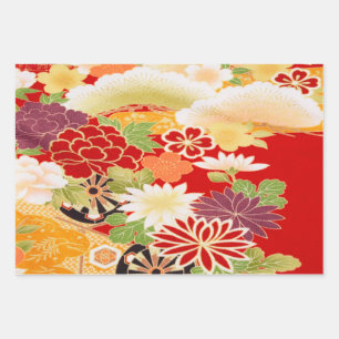 Red White Vintage Japanese Kimono Floral Decoupage Wrapping Paper Sheet