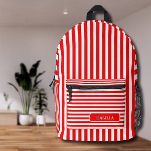 Red White Vintage Striped Name Printed Backpack