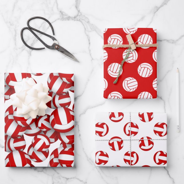 red white volleyballs kids teens birthday party wrapping paper sheet (Front)