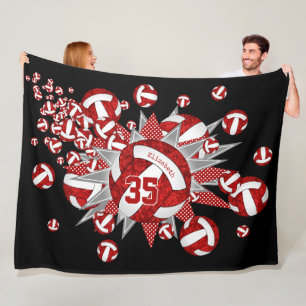 Red white volleyballs stars girls sports custom  fleece blanket