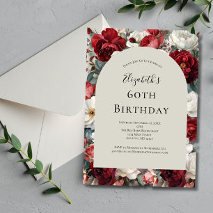 Red White Watercolor Florals 60th Birthday For Her Invitation