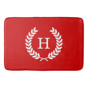 Red White Wheat Laurel Wreath Initial Monogram Bath Mat
